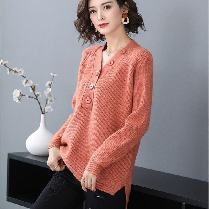 Spring and Autumn Women's V-Neck Sweater Loose Plus Size Knit Sweater Split Pullover Knit Tops Jumper