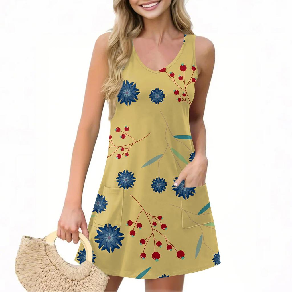 Women's Casual Summer Vest Dress With Pockets Floral Print V Neck Sleeveless Dress
