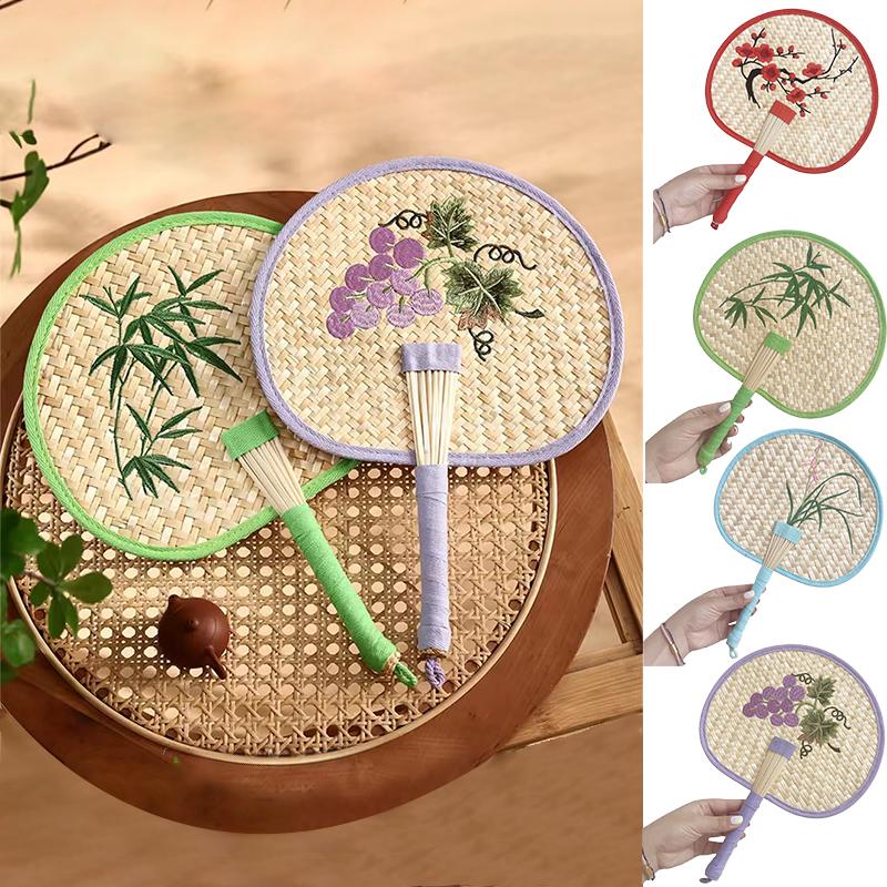 Retro Palm Fan For Summer Home Hand-Woven Straw Fans Bossom Plum Flower Embroidery Summer Cooling Hand Fan