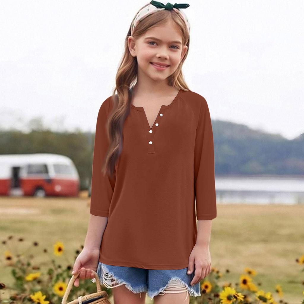 Print Tops For Youth Girls Round Neck 3/4 Sleeves T-Shirts Trendy Tops Outfit Tees