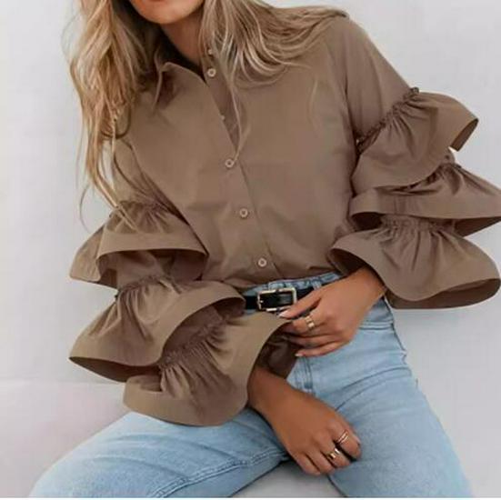 

2026 Autumn/Winter Women s Layered Ruffle Design Shirt - Casual and Versatile Extra Large хаки
