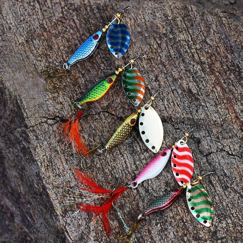 Señuelos giratorios de 5 uds con bolsa de transporte portátil, señuelos para lubinas, señuelos para truchas, Kit de cebos giratorios de Metal duro