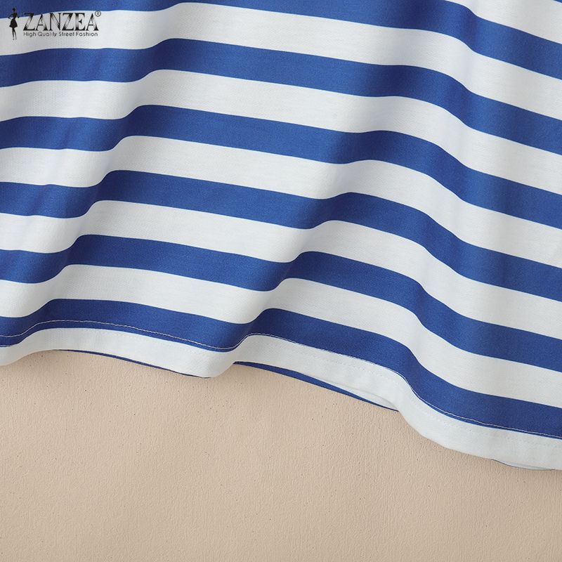 ZANZEA Damen Lässig Stehkragen Locker Halber Ärmel Streifen T-Shirt