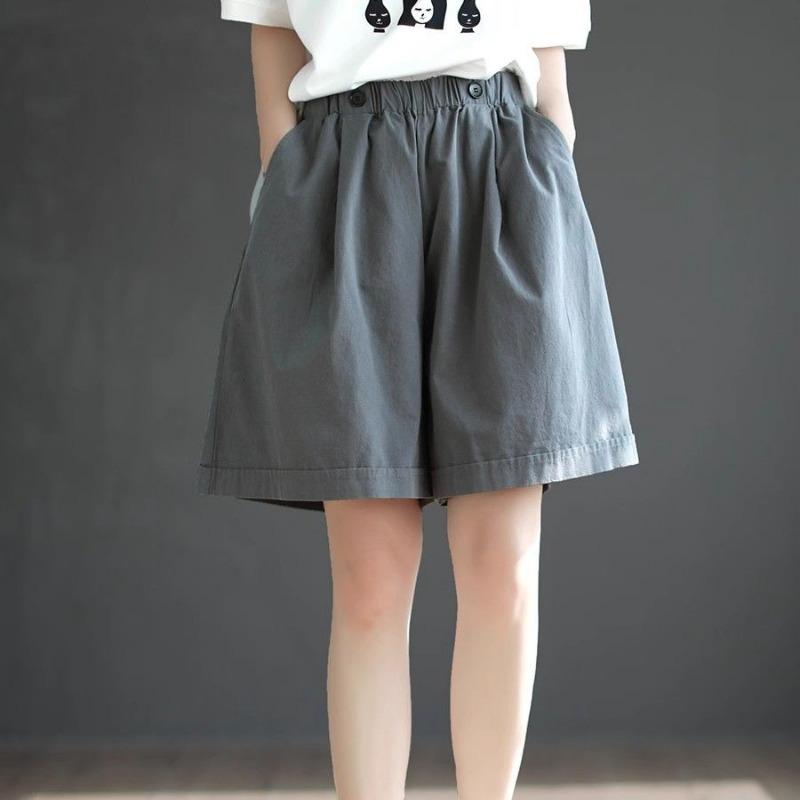 Womens Pure Cotton Solid High Waist Wide Leg Loose Plus Size Five Point Shorts