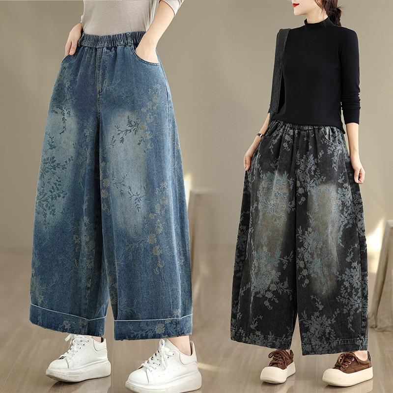 DIMANAF 2025 Plus Size Autumn Jeans New Long Pants Floral Print Women Loose Denim Trousers Big Size Casual