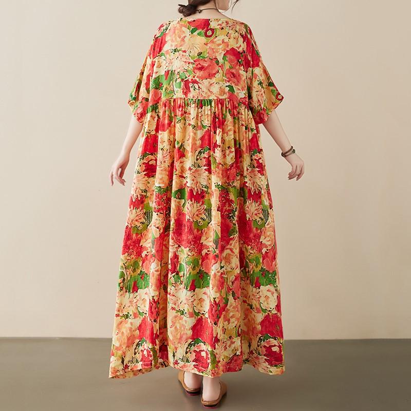 Short Sleeve Plus Size Cotton Vintage Floral New In Dresses for Women Casual Loose Long Summer Dress