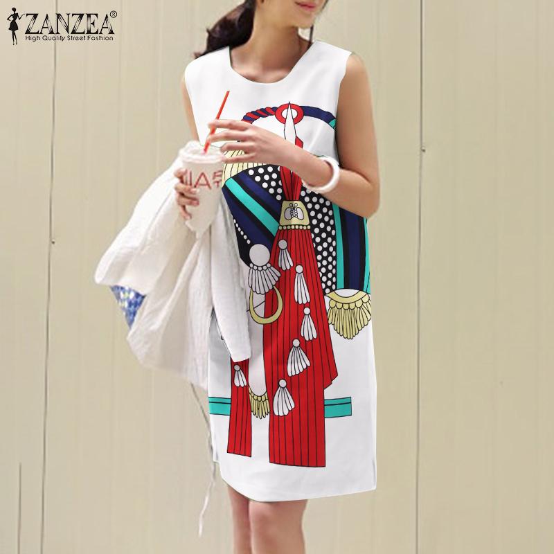 ZANZEA Vestido sin mangas estampado sin mangas con cuello redondo informal para mujer Verano