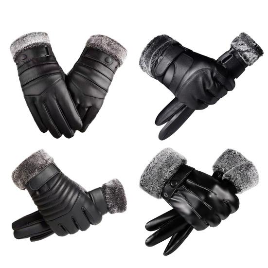 Yousheng 1 Pair Men Faux Leather Gloves Waterproof Windproof Touchscreen Fleece-Lined Outdoor Cycling Gloves Winter Cold Weather Warm Thick Thermal