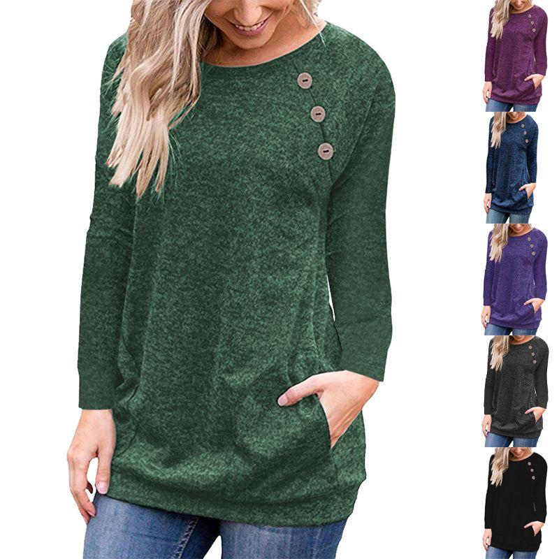 Long Pullover Womens Sleeve Ladies Solid Button Sweatshirt Top Loose Jumper