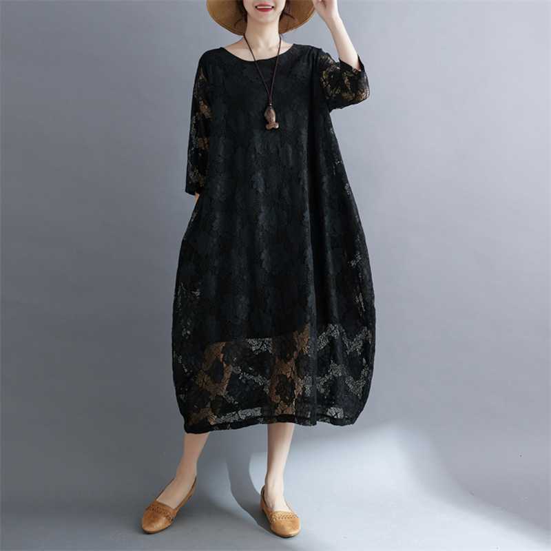 Summer Ethnic Style Lace Vintage Loose Dress Women Print Solid Color Round Neck Patchwork Pocket Long Sleeved Casual Versatile Dresses