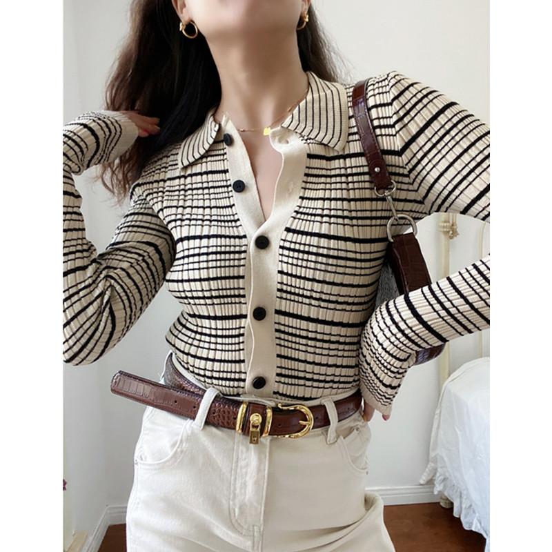 

Осенняя мода Полосатый принт Женский кардиган Свитер Приталенный Винтажный С длинным рукавом Вязаная офисная рубашка Элегантный лацкан Повседневный топ Одежда One Size