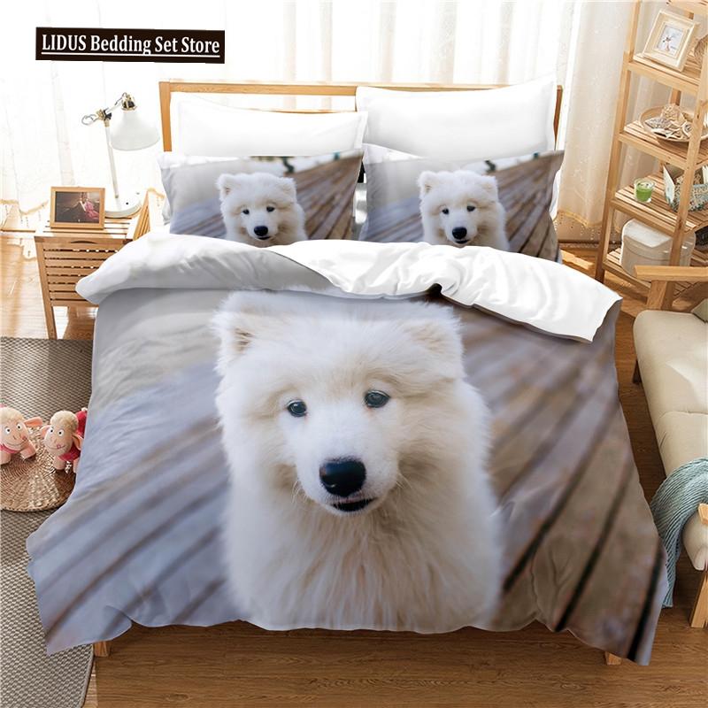 Dog Duvet Cover Set White Dog Animals Pattern Cute Kawaii Polyester Comforter Cover King Queen Size For Boys Girls Bedding Set