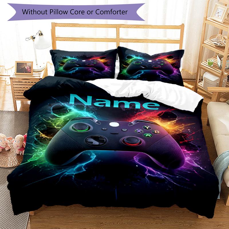 3pcs Custom Name Game Controller Bedding Set Duvet Cover Closure Includes 1 Duvet Cover & 2 Pillowcases, Soft and Comfortable for All Seasons.