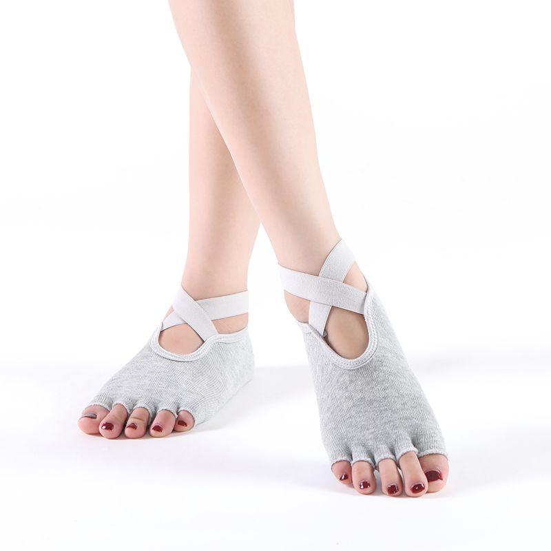 

2024 New Yoga Socks Non-Slip Professional Women Five-Finger Socks Pilates Training Wear Socks Lace-up Split Toe Autumn and Winter Cross Strap Five-Finger Open Toe light gray