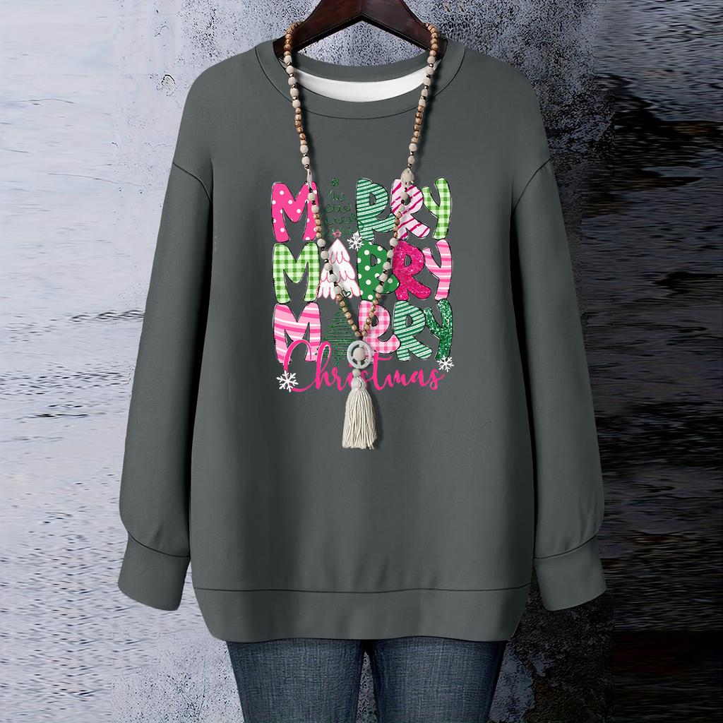 Damen Weihnachts-Print Rundhals Langarm T-Shirt Sweatshirt Oberteil