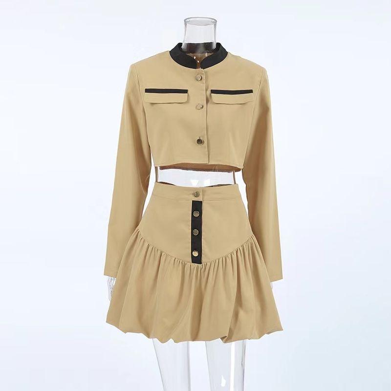 

Модный ветрозащитный топ с лацканами, короткими длинными рукавами и открытым животом, костюм с юбкой-бутоном, комплект из короткого топа и юбки Khaki M