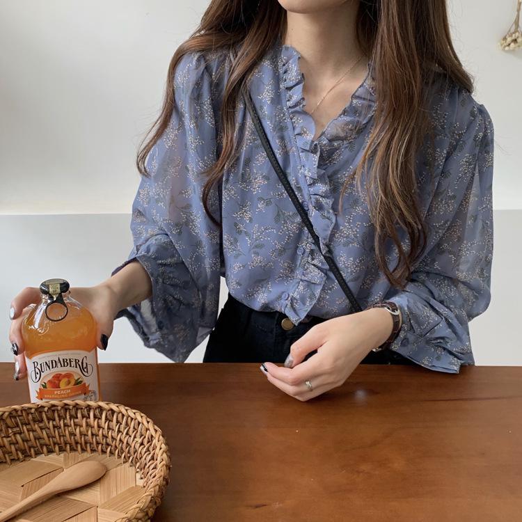 2025 Chic Korean Style Floral Chiffon Women's Long-Sleeve Puff Shirt