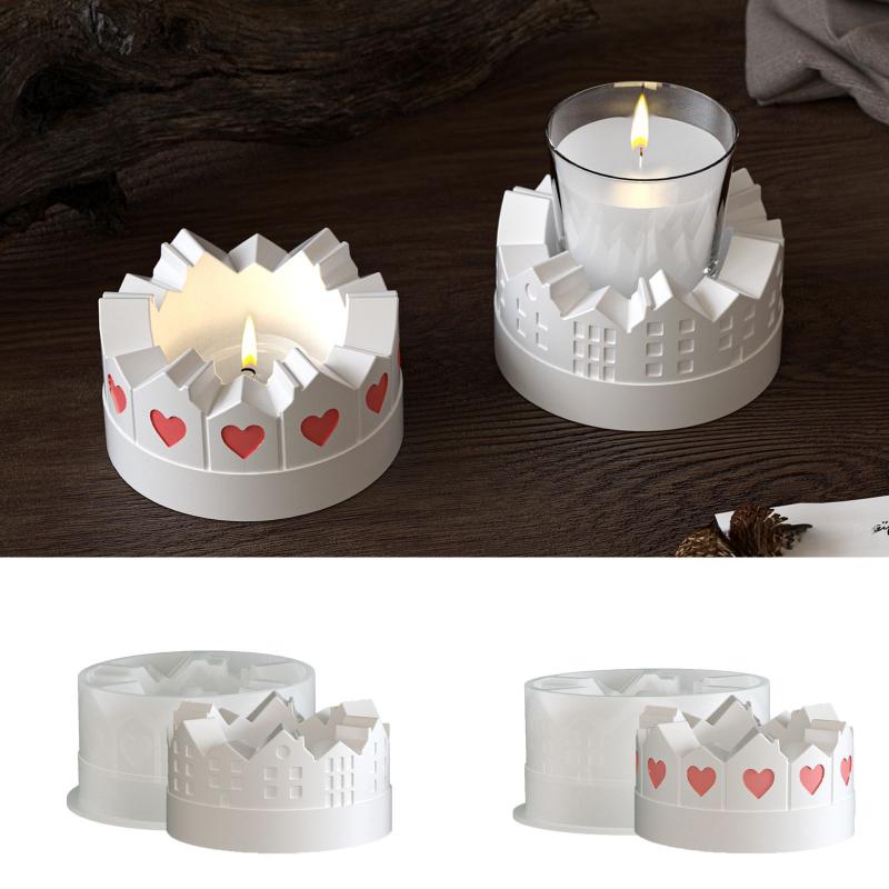 3D Castle House Shaped Candle Holder Silicone Mold DIY Hollow Design Candlestick Gypsum & Tea Lamp Resin Crafts Home Decoration