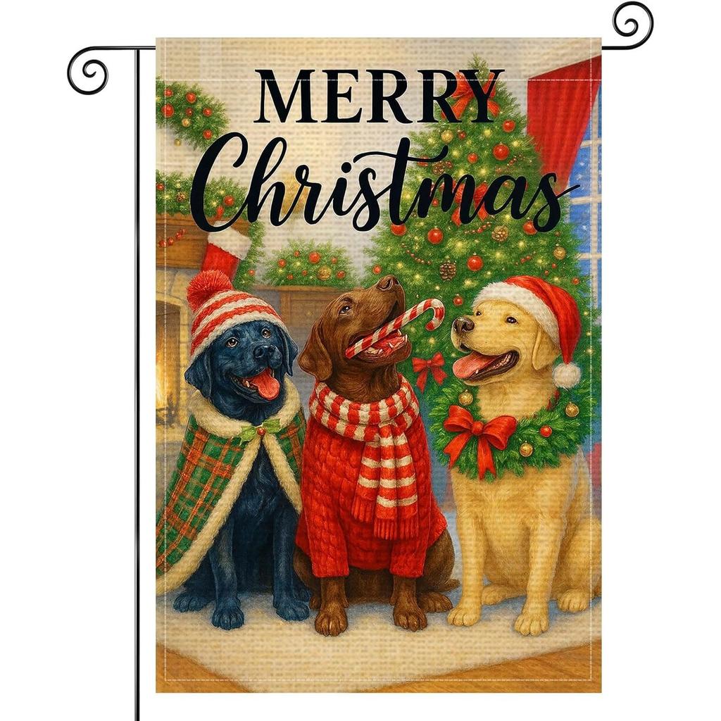Merry Christmas Dogs Garden Flag Double Sided Winter Garden Flag Labrador Retrievers with Christmas Seasonal Banner for Indoor And Outdoor Decoration