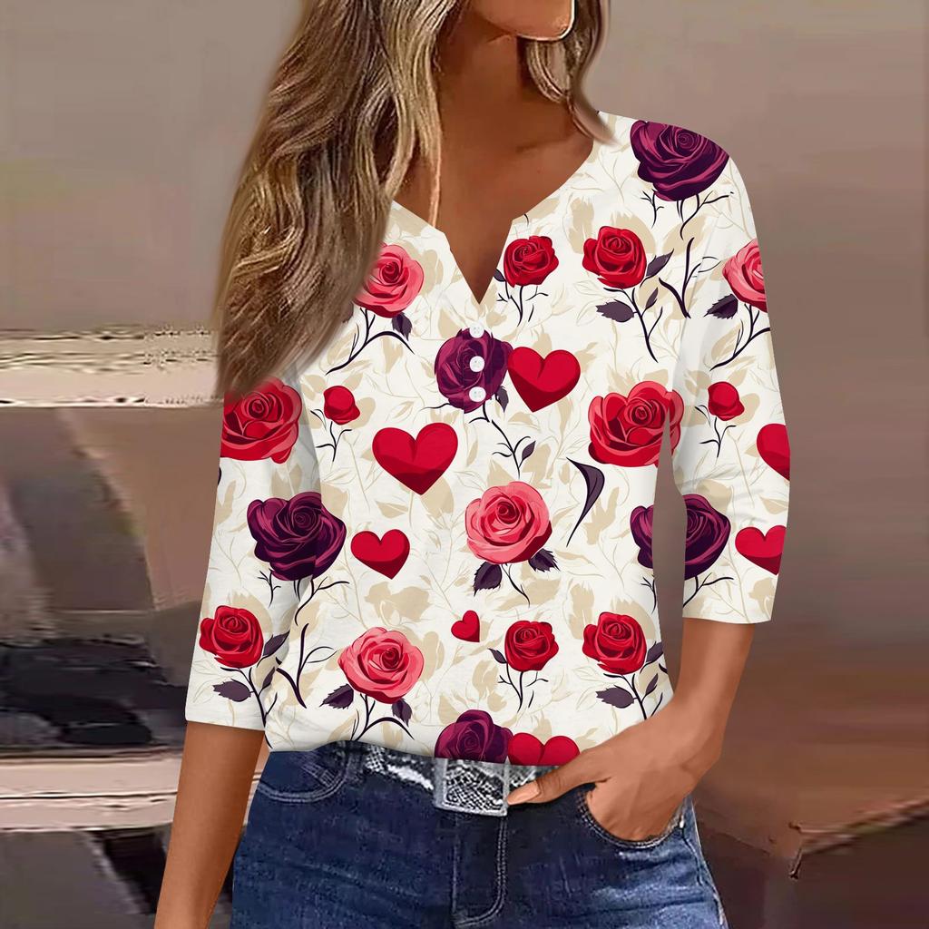 Women's Valentine's Day Printed V-Neck Casual Versatile Three-quarter Sleeve Button Top