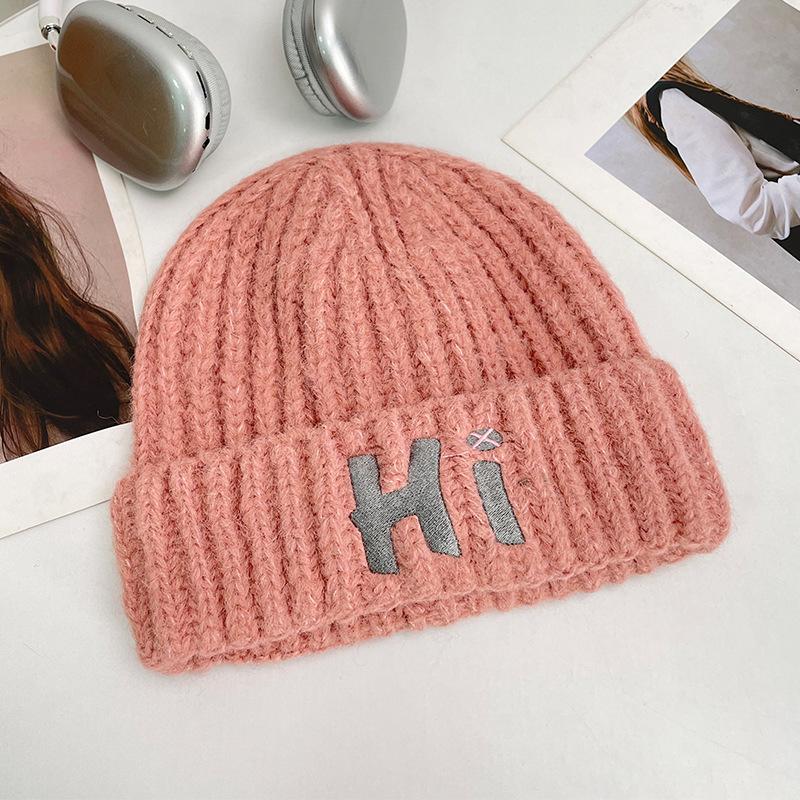 Letter knitted hat women's autumn and winter big head circumference thickened warm ear protection cold hat student outdoor versatile wool hat
