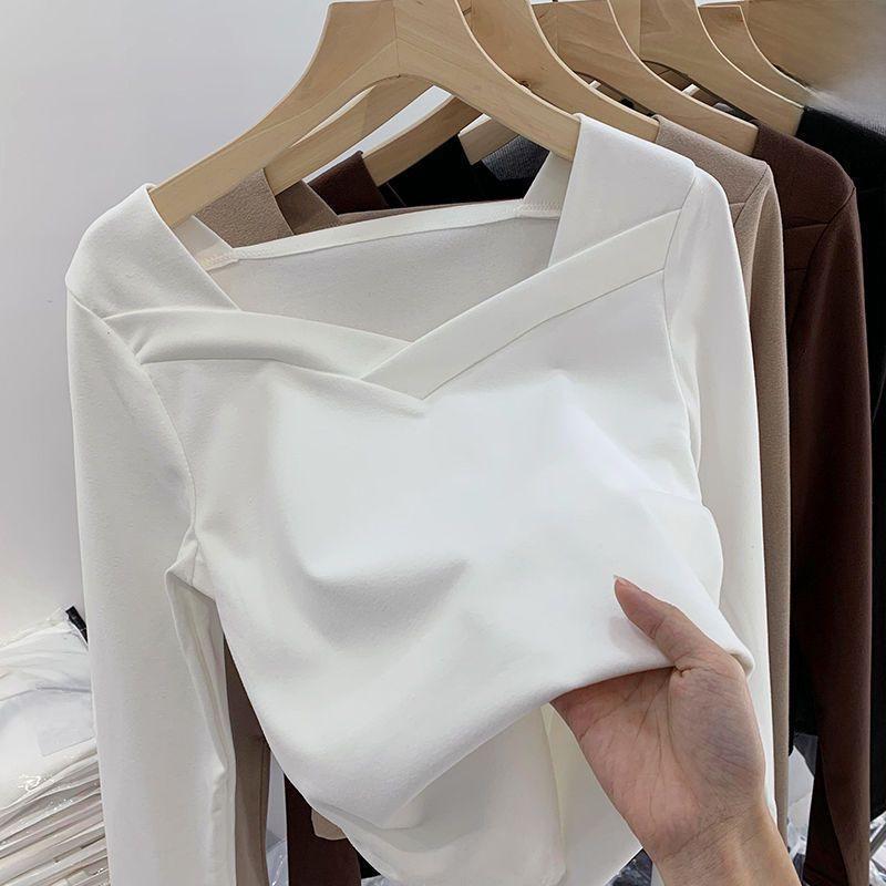 Outono/Inverno Feminino Veludo Alemão Gola Quadrada Ajustado Top Irregular