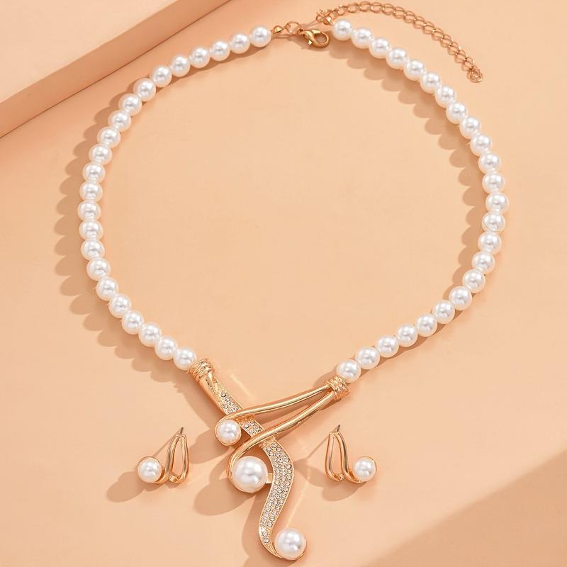 Fashion Geometric Pearl Earring Two Piece Necklace for Women Exquisite Birthday Party Zircon Gifts