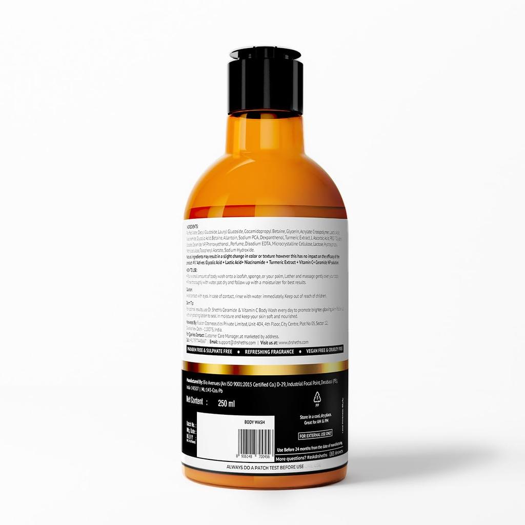 Dr. Sheth's Ceramide & Vitamin C Body Wash 250 ml Pack | Gentle Exfoliating Shower Gel for Bright Glowing Skin