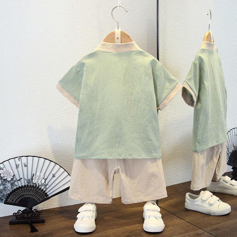 Completo Estivo da Ragazzo a Maniche Corte Stile Cinese per Bambini Hanbok Bello Completo Tang Cotone Lino Sezione Sottile di Abbigliamento Antico