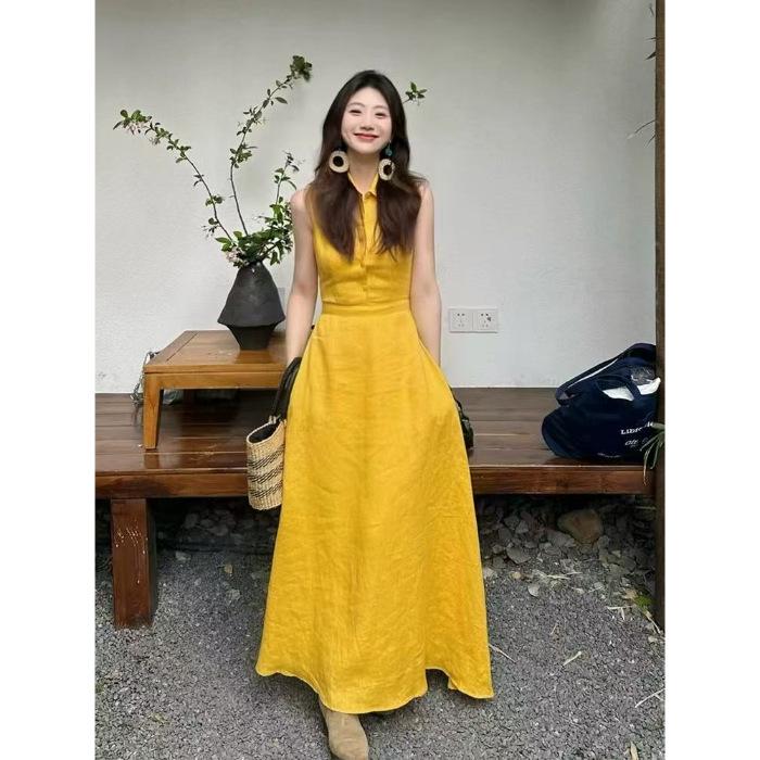 Elegant Yellow Linen Dress: Summer 2026 Women s Fashion L жёлтый