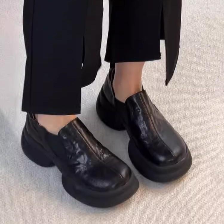 Sheepskin version~ retro thick-soled muffin-soled loafers for women's British style deep mouth and round head small leather shoes