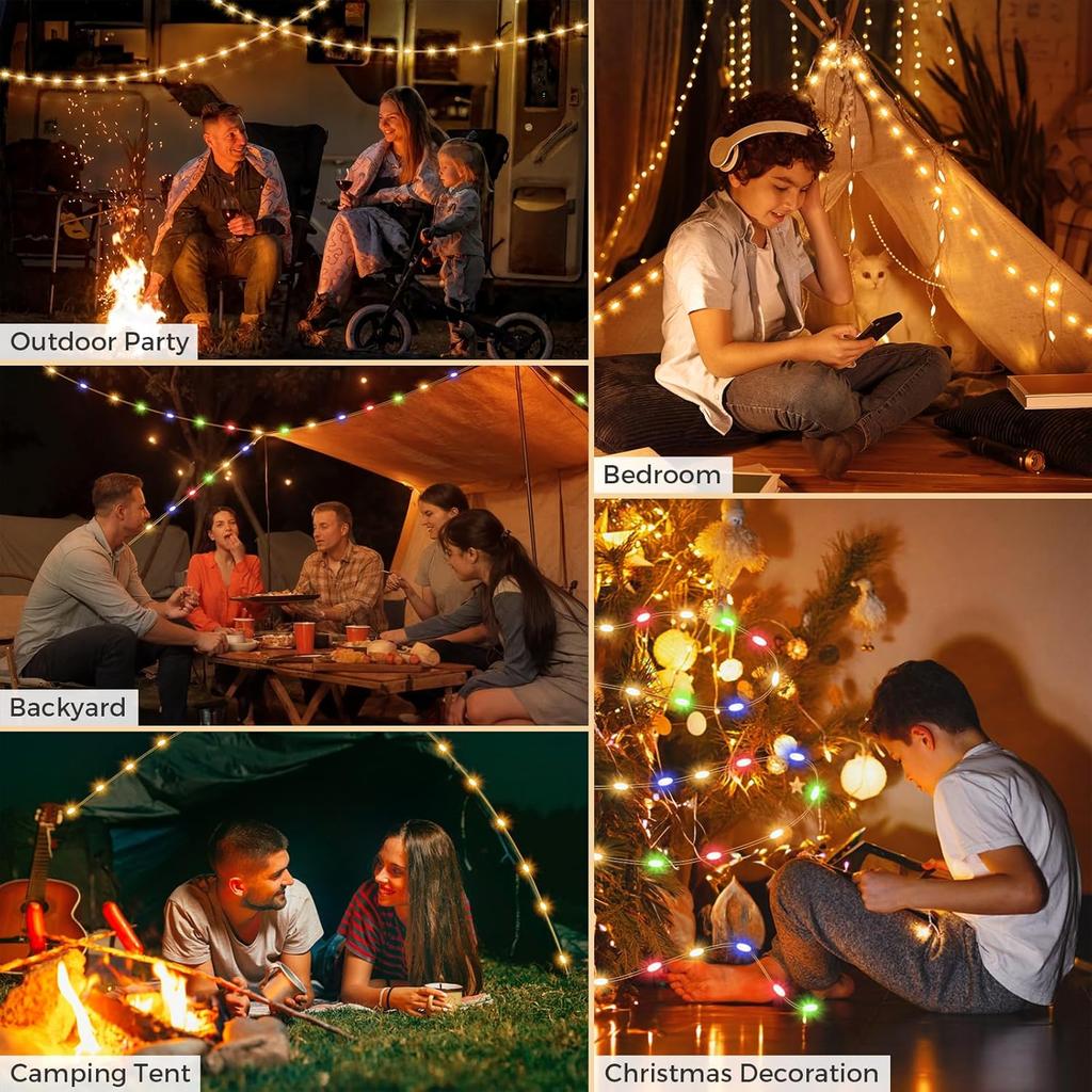 Camping String Lights, 2 In 1 Quick Storage 32.8FT Rechargeable Tent Lights String with 8 Modes, Hanging Waterproof Portable LED Lamp for Outdoor