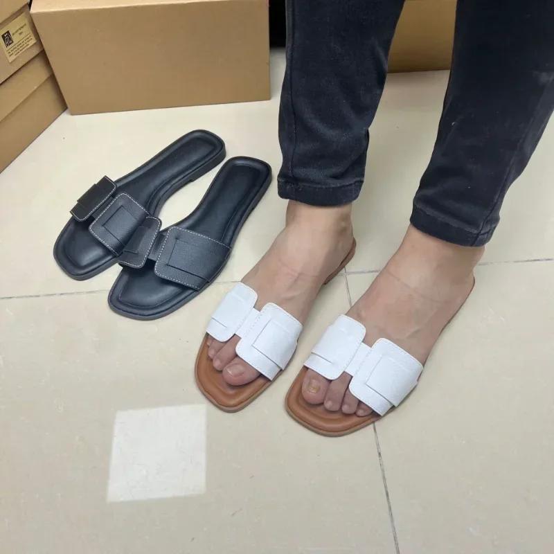 Fashion Causal Flat Woman's Slippers Peep Toe Outside Street Female Beach Shoes 2025 Summer Soft Leather Brand Design Ladies Slides