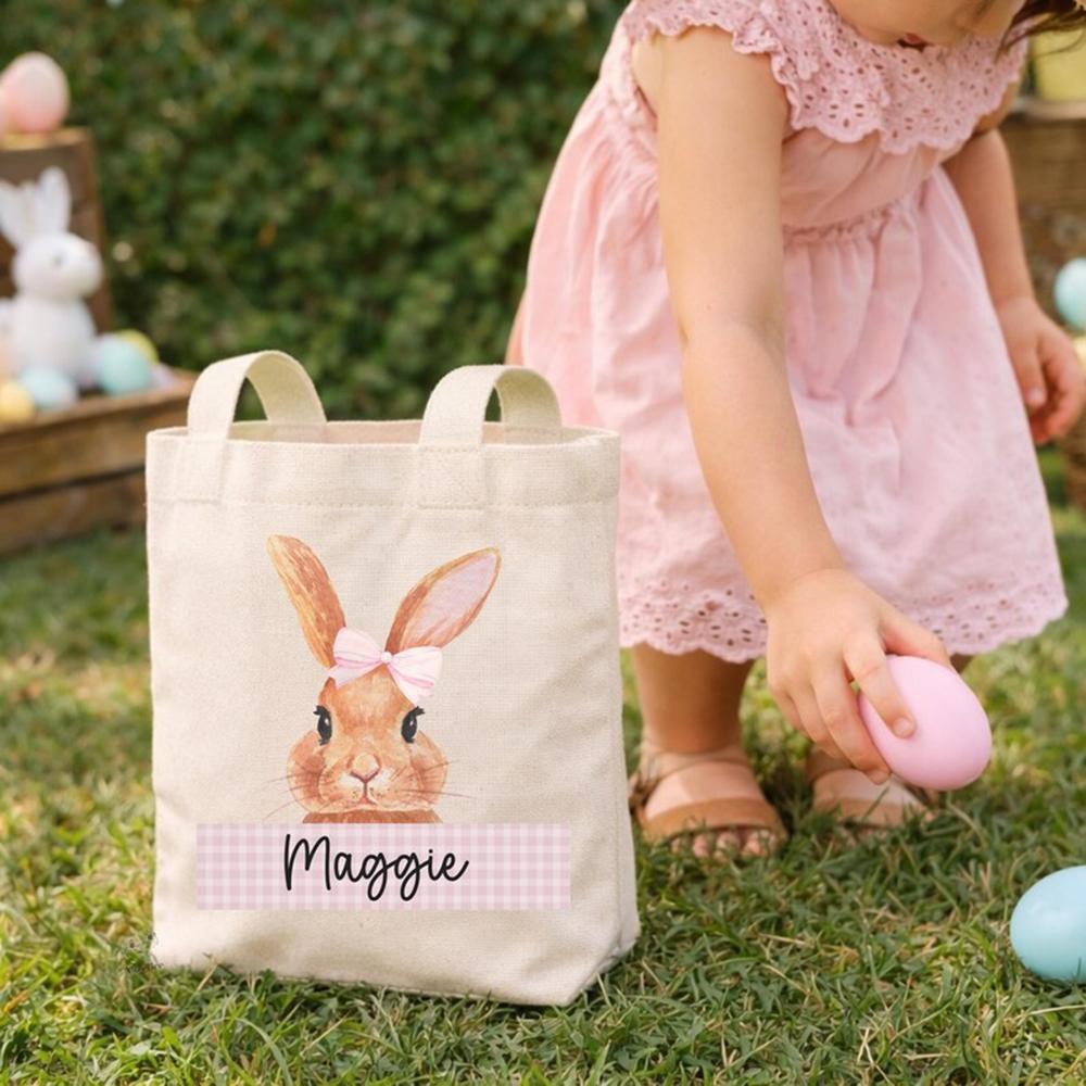 Custom Easter Bunny Bag With Name For Kids Egg Hunting Activities Reusable Goodie Bag Classroom Treat Bag Holiday Gift Basket