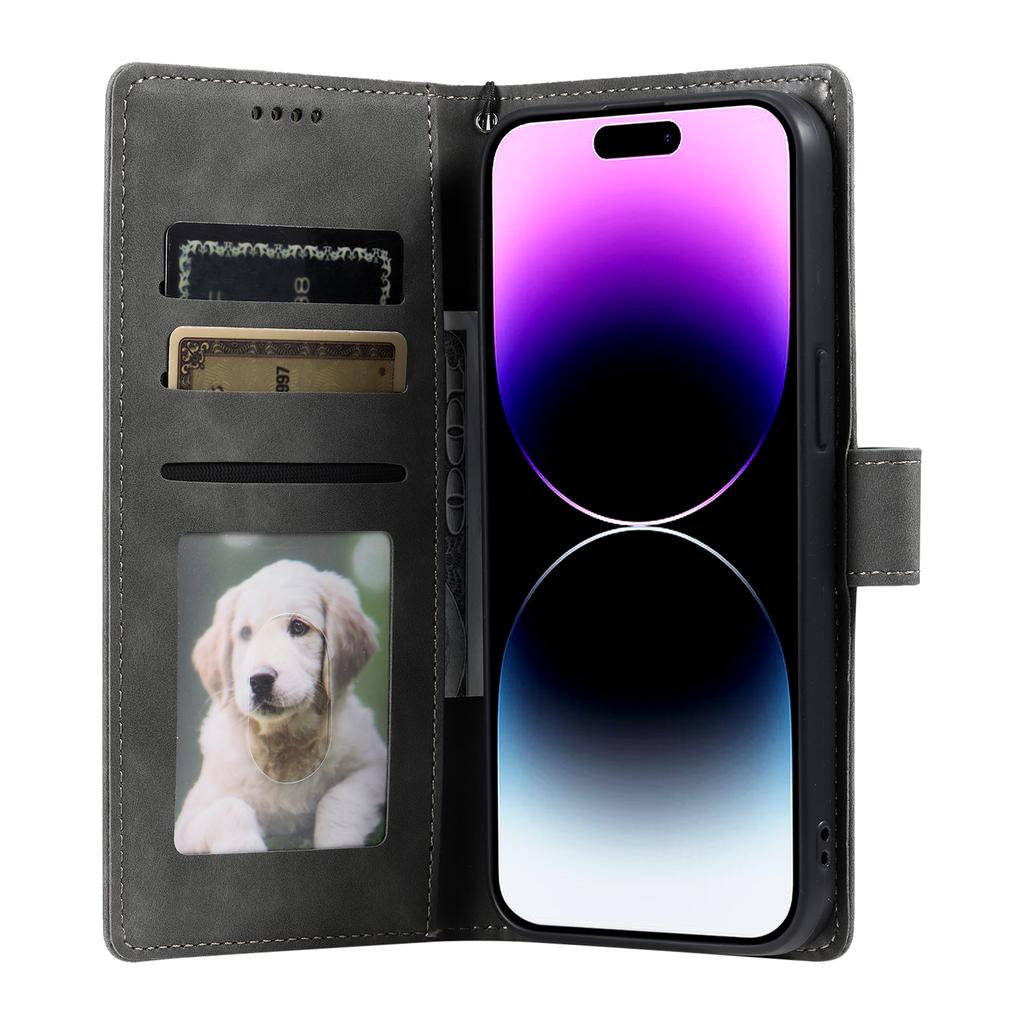 Style 018 For iPhone 16 Case Imprinted Totem Skin Feel Wallet Leather Phone Cover - Grey