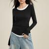 2025 Women's Slim Fit Black Lyocell Faux Two-Piece Long Sleeve T-Shirt