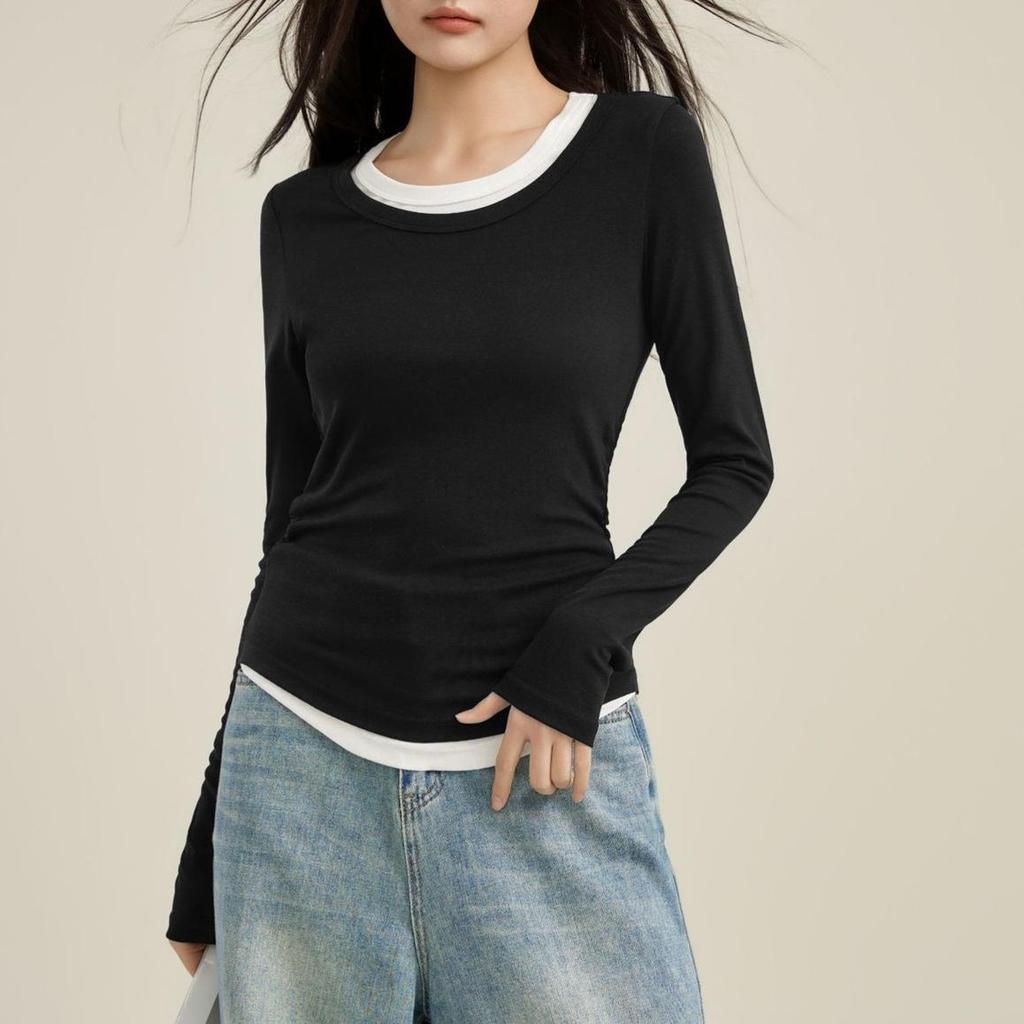 2025 Women's Slim Fit Black Lyocell Faux Two-Piece Long Sleeve T-Shirt
