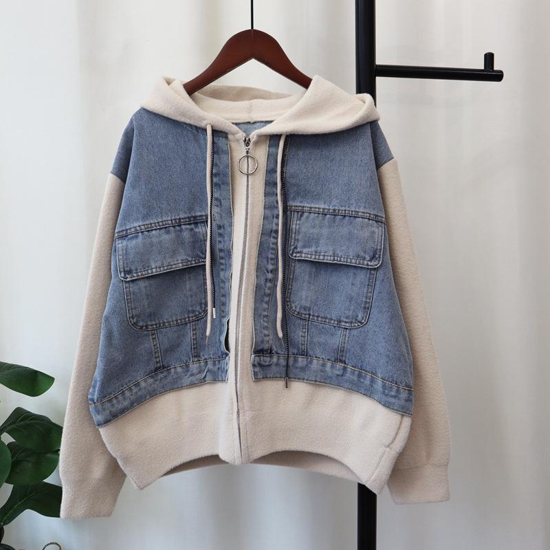 Hooded zipper splicing denim knitted double-sided cardigan autumn and winter new loose casual sweater jacket women