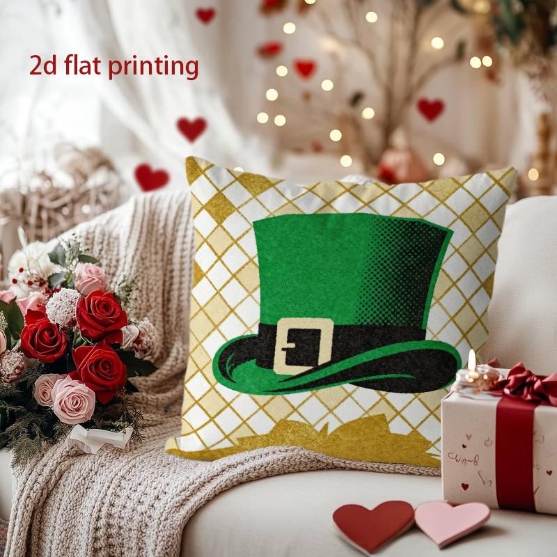 St. Patrick's Day Green Top Hat Patterned Pillow Cover Pattern Cushion Cover Suitable for Sofa Bedroom Car Pillow Cover