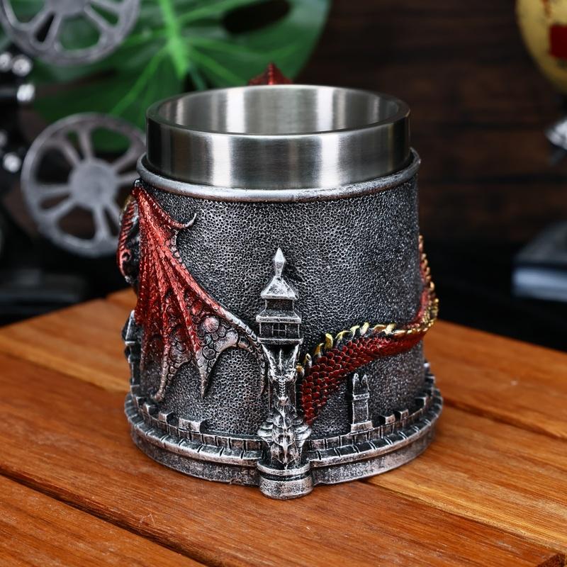 Western Monster Dragon Mark Coffee Cup, Stainless Steel Dragon Statue Water Cup, 3D Castle Guardian Dragon Beer Cup