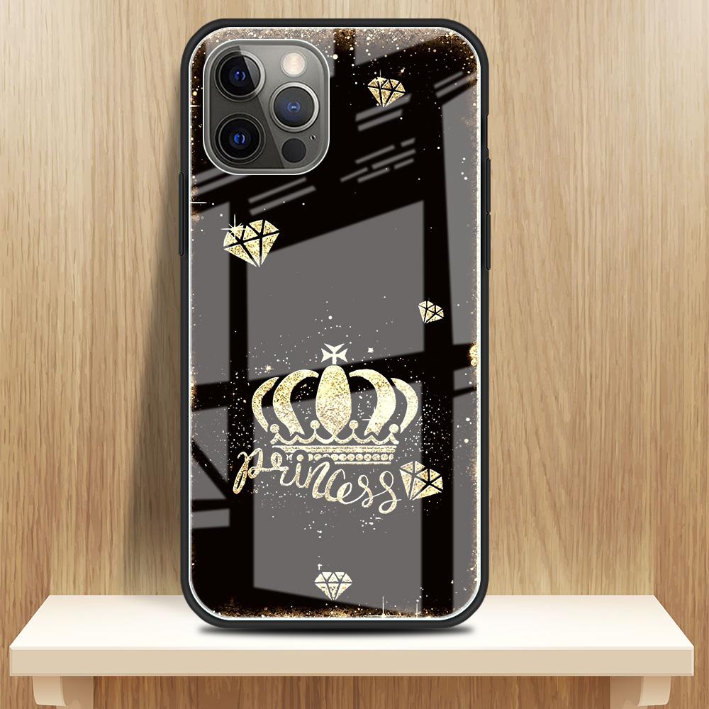 Diamond Crown Printing Glass Case For iPhone 11 13 12 14 Pro XR X XS Max 7 8 6 6S Plus SE 2020 Tempered Black Edge Phone Covers