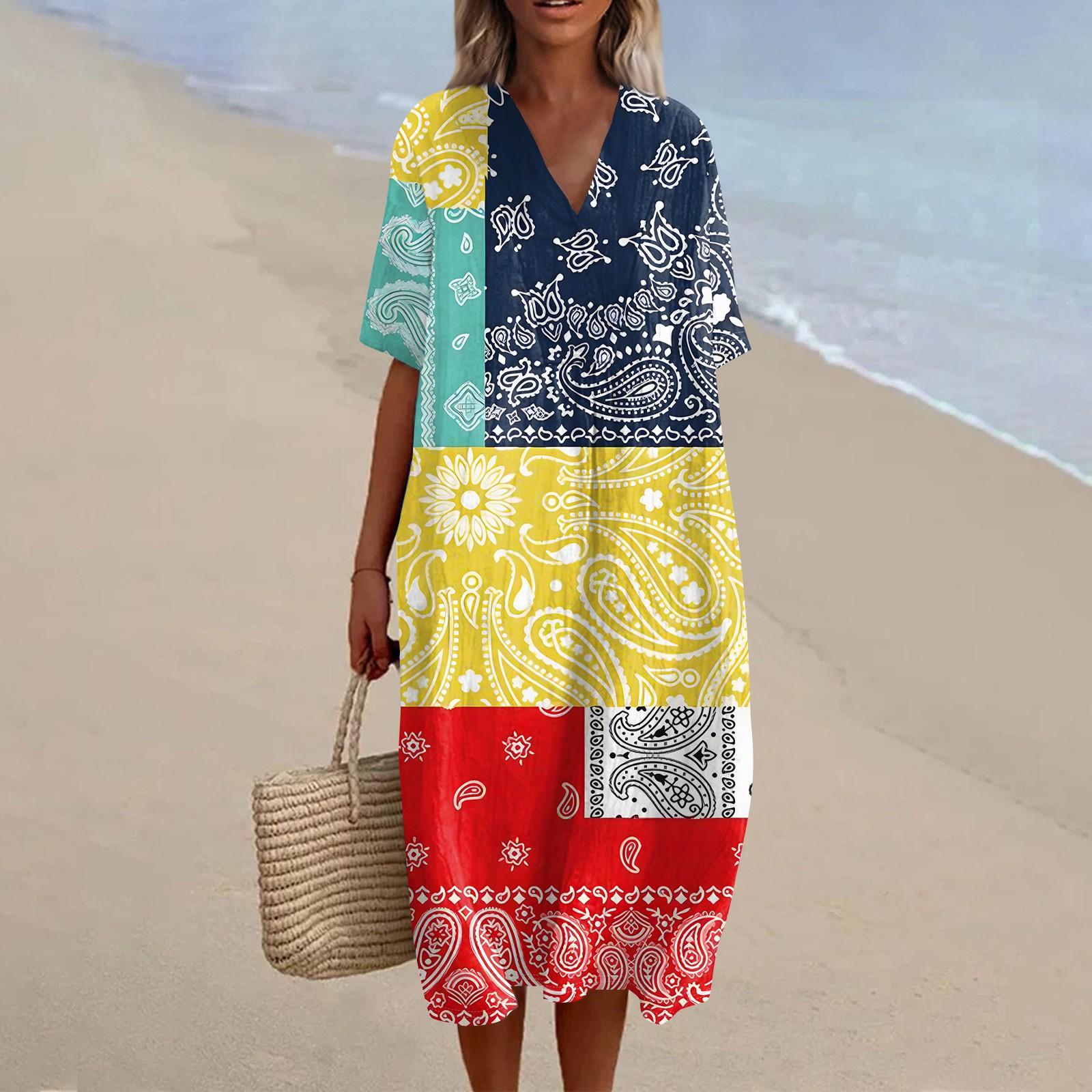 

Женское свободное повседневное модное платье с V-образным вырезом и принтом, пляжная юбка M жёлтый