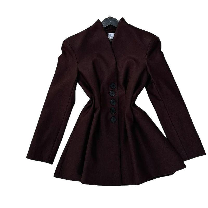 2025 Damen Einfarbiges Kurzes Anzujackett mit Taillenbetonendem Knopfrevers und Langen Ärmeln