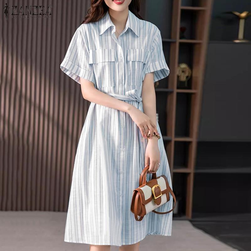 

ZANZEA Женские повседневные платья-рубашки с вырезом лодочкой и коротким рукавом в полоску на талии M синий