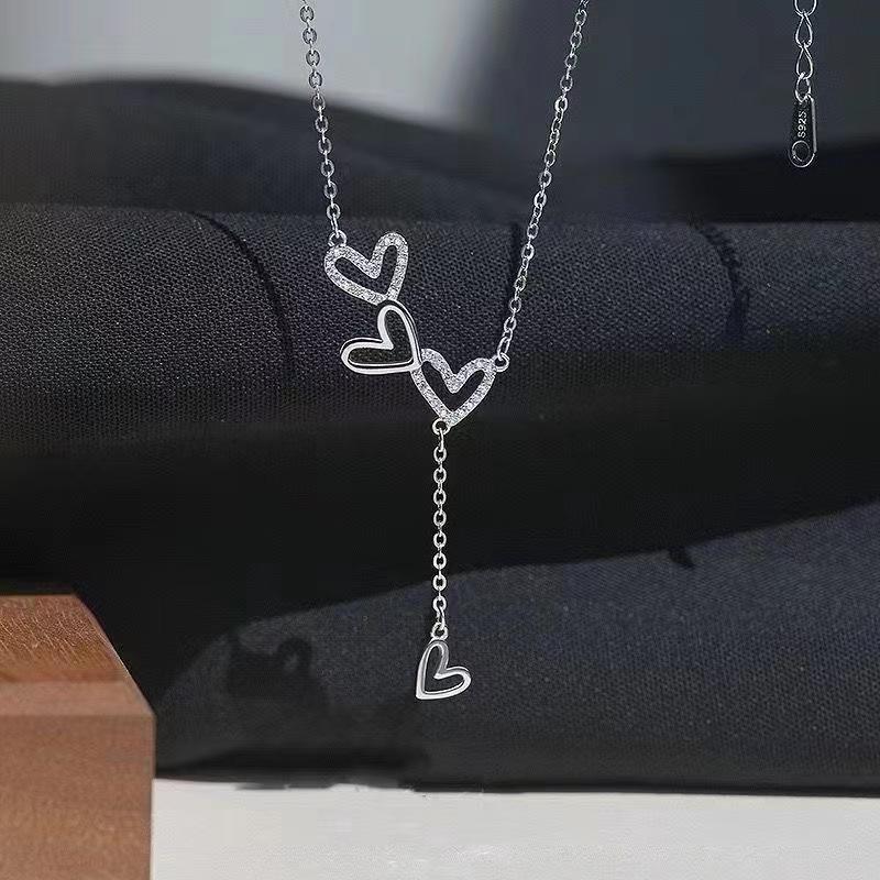Elegant Three Heart Pendant Necklace with Tassel Delicate Layering Chain Minimalist Design Gift for Her