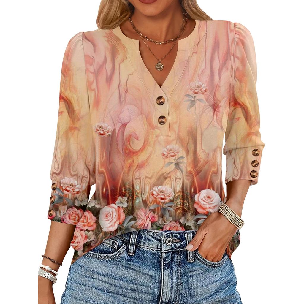 Women's Retro Printed Loose 7-inch Sleeve Top