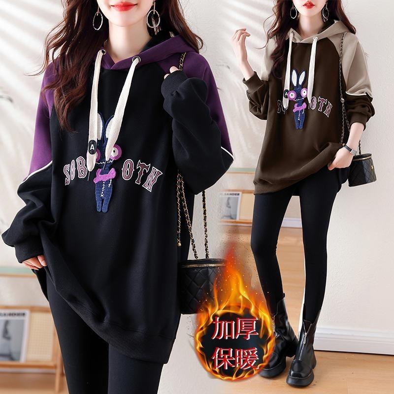 Velvet Thickened Hooded Sweatshirt for Women Mid-length New        and Winter Xiu Xiuai Loose Fashionable Style Pullover