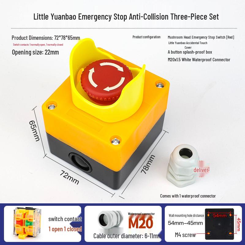 22mm Waterproof 220V Button Switch Combo: Start/Stop/Emergency Stop/Power Indicator Light