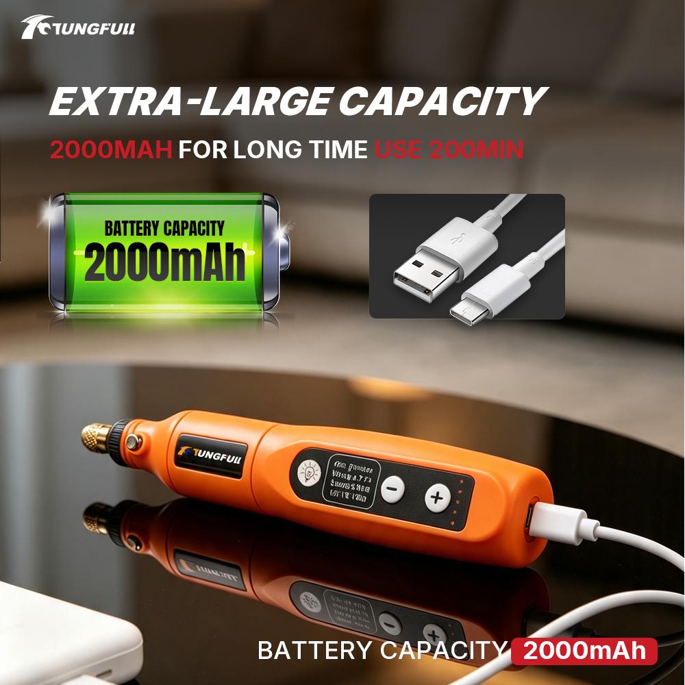 TUNGFULL Electric Engraving Pen 2000mAh 5 Speed Control Mini Cordless Rotary Tool with LED for DIY Woodworking Metal Polishing