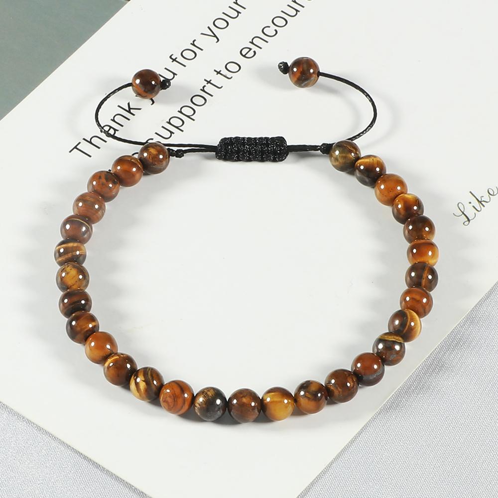 6mm Natural Stone Men Bracelets Charm Tiger Eye Black Beads Bracelet Braided Bangle Adjustable Charm Women Yoga Jewelry Pulseras